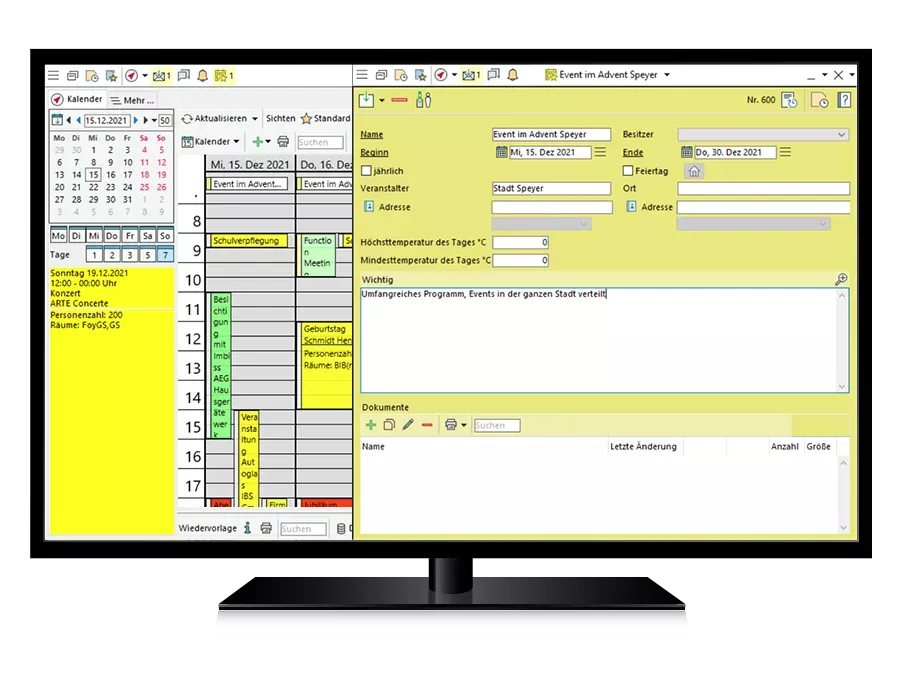 Ereigniskalender Eingabe und Info Center